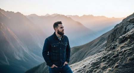 Handsome bearded man in jeans jacket standing on top of mountain and looking awayの素材