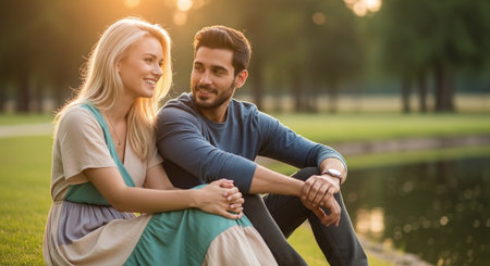 Young couple sitting on the grass in the park and looking at each otherの素材