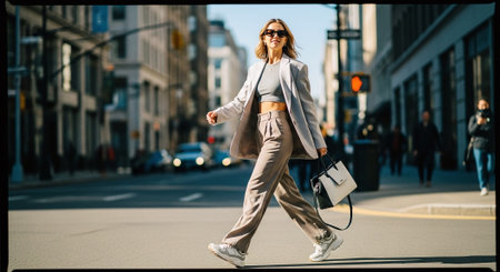 Young woman walking on a city street with a bag in her handの素材