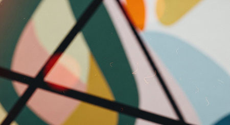 abstract background of colorful circles and lines in a modern art galleryの素材