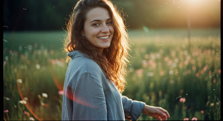 Beautiful young woman in a field of wildflowers at sunsetの素材