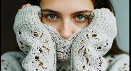 Portrait of a beautiful young woman with green eyes in a white knitted scarfの素材