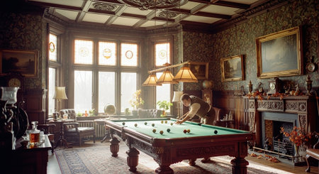 Classic billiard room interior with billiard table and classic furniture.の素材