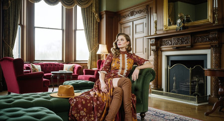 Beautiful woman sitting in armchair in classic interior. Retro style.の素材