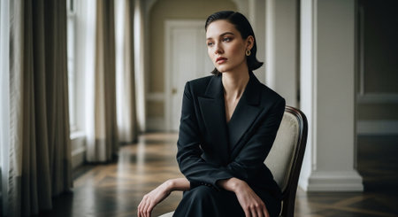 Portrait of a beautiful young woman in a black suit sitting in a chairの素材