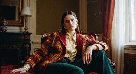 Portrait of a beautiful young brunette woman in a vintage interiorの素材