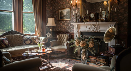 Luxury living room interior with classic furniture, armchairs and fireplace.の素材