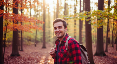 Handsome young man with backpack walking in autumn forest, smiling.の素材