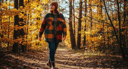 A young woman in a plaid jacket walks in the autumn forest.の素材