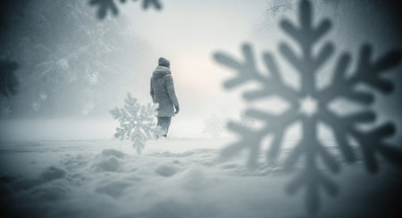 Digital composite of Woman walking in snow with snowflakes and fogの素材