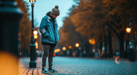 A young man in a blue jacket walks along the street at night.の素材