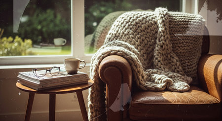 Cozy home interior with coffee cup, book and knitted blanket on the windowsillの素材