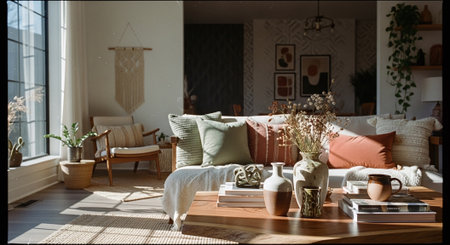 Living room interior with sofa, coffee table, books and vaseの素材