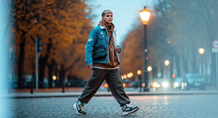 A young man in a blue jacket and jeans walks along the city street.の素材
