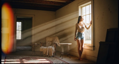 Young woman standing by the window in a room with sunlight from windowの素材