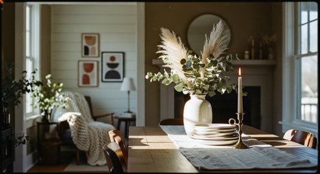 dining room with a vase of pampas grass and candlesの素材
