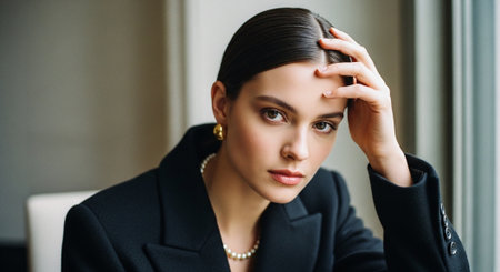 Portrait of a beautiful brunette woman in a black coat.の素材