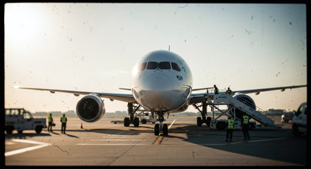 Airplane on the runway of the airport. Toned image.の素材