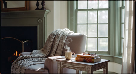 Cozy living room with armchair, coffee cup, book and plaidの素材