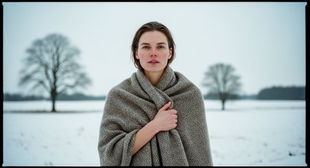 Portrait of a young woman wrapped in a blanket standing in a snowy fieldの素材