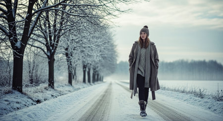 Beautiful young woman walking on the road in winter. Winter fashion.の素材