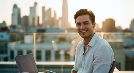 Portrait of a handsome young businessman using laptop computer in the cityの素材