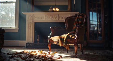 Vintage armchair with plaid in the living room at nightの素材