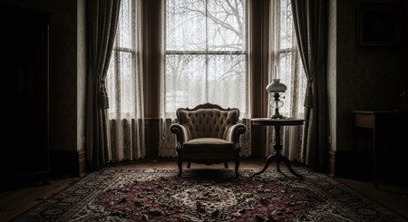 Interior of a room with a vintage armchair and a windowの素材