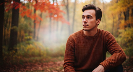Portrait of a handsome young man sitting in the autumn forest.の素材