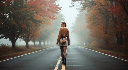 Young woman walking on the road in the autumn foggy forest.の素材