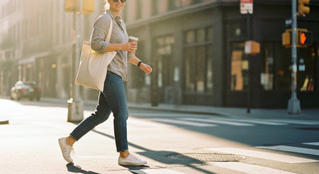 Young woman walking with coffee to go in the city at daytime.の素材