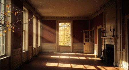 Interior of a room with windows and doors. 3d renderの素材