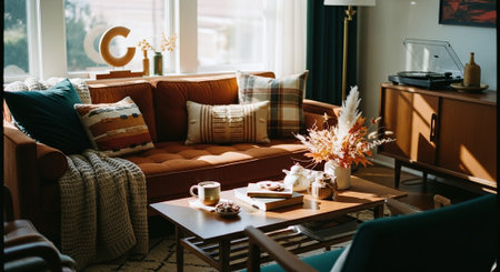 Cozy living room interior with sofa, coffee table and flowers.の素材