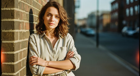 Portrait of a young woman standing on the street with crossed armsの素材