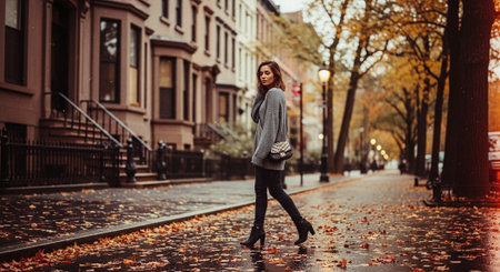 Beautiful young brunette woman walking on the street in autumn.の素材