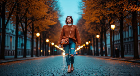 Beautiful young woman walking in the city at night, wearing a warm sweater.の素材