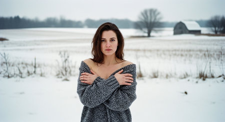 Portrait of a beautiful girl in a gray sweater in the winter fieldの素材
