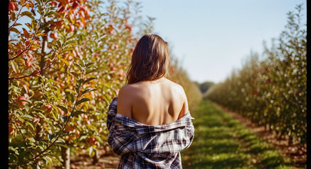 Back view of a young woman in a plaid shirt standing in an orchard and looking into the distanceの素材