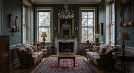 Luxury classic interior of a living room with fireplace and armchairsの素材