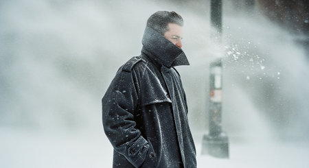 Young man in black coat and hoodie walking in heavy snowfallの素材