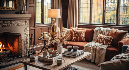 Cozy living room interior with sofa, coffee table, books, candles and fireplace.の素材