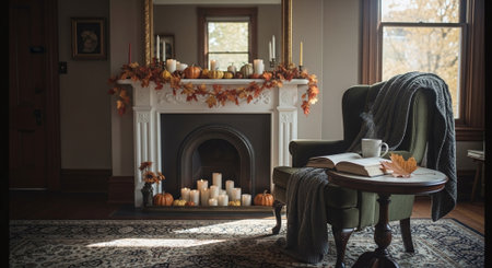 Luxury living room with fireplace, armchair and autumn leavesの素材