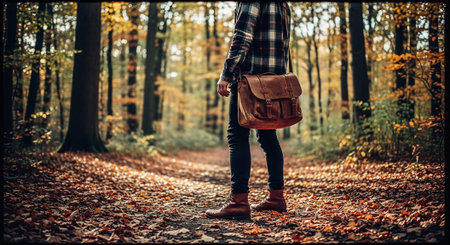 A young man in a plaid shirt and jeans with a backpack walks through the autumn forest.の素材