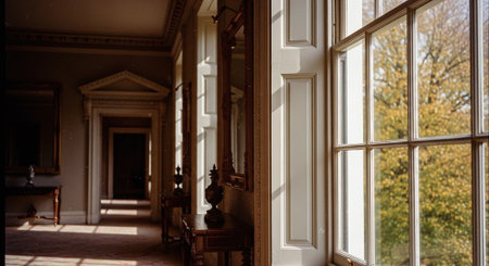 Interior of an old mansion with a large window and a beautiful viewの素材