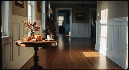 Interior of a classic room with a round table, a vase with autumn leaves and a cup of coffeeの素材