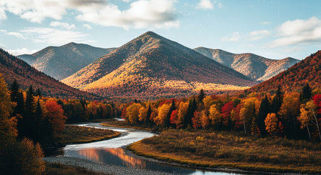 Colorful autumn landscape in the mountains with a river and forests.の素材