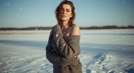 Portrait of a beautiful young woman in a warm sweater on a frozen lakeの素材