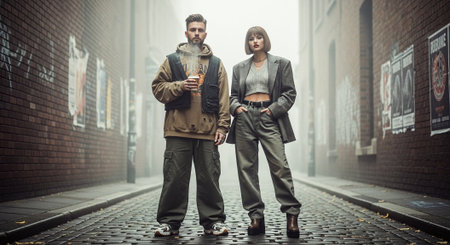 Young man and woman with coffee in the city. Urban scene.の素材