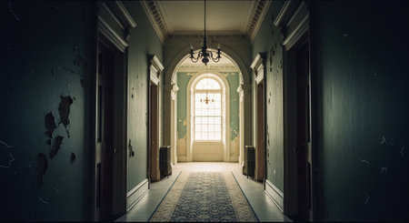 Interior of an old mansion with a large window and an archの素材