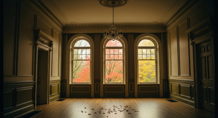 3D render of an empty room with a window and autumn leavesの素材
